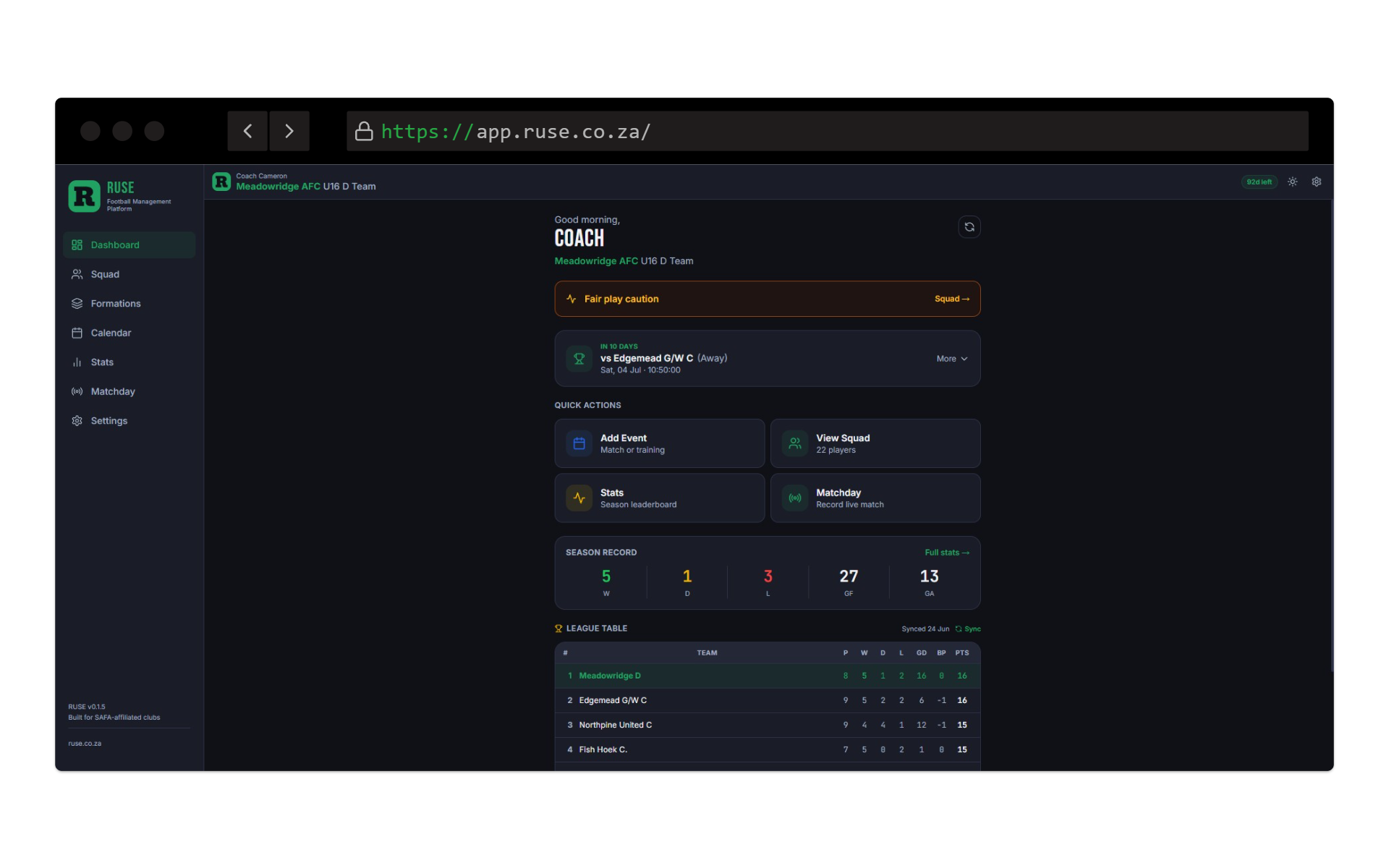 RUSE dashboard on desktop
